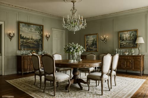 photo from pinterest of french country-style interior designed (dining room interior) with painting or photo on wall and plates, cutlery and glasses on dining table and light or chandelier and dining table chairs and plant and vase and table cloth and dining table. . with . . cinematic photo, highly detailed, cinematic lighting, ultra-detailed, ultrarealistic, photorealism, 8k. trending on pinterest. french country interior design style. masterpiece, cinematic light, ultrarealistic+, photorealistic+, 8k, raw photo, realistic, sharp focus on eyes, (symmetrical eyes), (intact eyes), hyperrealistic, highest quality, best quality, , highly detailed, masterpiece, best quality, extremely detailed 8k wallpaper, masterpiece, best quality, ultra-detailed, best shadow, detailed background, detailed face, detailed eyes, high contrast, best illumination, detailed face, dulux, caustic, dynamic angle, detailed glow. dramatic lighting. highly detailed, insanely detailed hair, symmetrical, intricate details, professionally retouched, 8k high definition. strong bokeh. award winning photo.