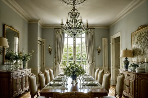 photo from pinterest of french country-style interior designed (dining room interior) with painting or photo on wall and plates, cutlery and glasses on dining table and light or chandelier and dining table chairs and plant and vase and table cloth and dining table. . with . . cinematic photo, highly detailed, cinematic lighting, ultra-detailed, ultrarealistic, photorealism, 8k. trending on pinterest. french country interior design style. masterpiece, cinematic light, ultrarealistic+, photorealistic+, 8k, raw photo, realistic, sharp focus on eyes, (symmetrical eyes), (intact eyes), hyperrealistic, highest quality, best quality, , highly detailed, masterpiece, best quality, extremely detailed 8k wallpaper, masterpiece, best quality, ultra-detailed, best shadow, detailed background, detailed face, detailed eyes, high contrast, best illumination, detailed face, dulux, caustic, dynamic angle, detailed glow. dramatic lighting. highly detailed, insanely detailed hair, symmetrical, intricate details, professionally retouched, 8k high definition. strong bokeh. award winning photo.