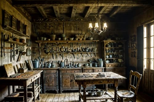 photo from pinterest of french country-style interior designed (workshop interior) with wooden workbench and messy and tool wall and wooden workbench. . with . . cinematic photo, highly detailed, cinematic lighting, ultra-detailed, ultrarealistic, photorealism, 8k. trending on pinterest. french country interior design style. masterpiece, cinematic light, ultrarealistic+, photorealistic+, 8k, raw photo, realistic, sharp focus on eyes, (symmetrical eyes), (intact eyes), hyperrealistic, highest quality, best quality, , highly detailed, masterpiece, best quality, extremely detailed 8k wallpaper, masterpiece, best quality, ultra-detailed, best shadow, detailed background, detailed face, detailed eyes, high contrast, best illumination, detailed face, dulux, caustic, dynamic angle, detailed glow. dramatic lighting. highly detailed, insanely detailed hair, symmetrical, intricate details, professionally retouched, 8k high definition. strong bokeh. award winning photo.