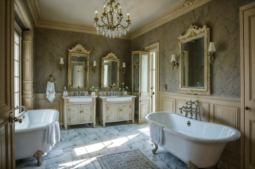 photo from pinterest of french country-style interior designed (bathroom interior) with waste basket and plant and bathroom sink with faucet and shower and bathtub and mirror and bath towel and bathroom cabinet. . with . . cinematic photo, highly detailed, cinematic lighting, ultra-detailed, ultrarealistic, photorealism, 8k. trending on pinterest. french country interior design style. masterpiece, cinematic light, ultrarealistic+, photorealistic+, 8k, raw photo, realistic, sharp focus on eyes, (symmetrical eyes), (intact eyes), hyperrealistic, highest quality, best quality, , highly detailed, masterpiece, best quality, extremely detailed 8k wallpaper, masterpiece, best quality, ultra-detailed, best shadow, detailed background, detailed face, detailed eyes, high contrast, best illumination, detailed face, dulux, caustic, dynamic angle, detailed glow. dramatic lighting. highly detailed, insanely detailed hair, symmetrical, intricate details, professionally retouched, 8k high definition. strong bokeh. award winning photo.