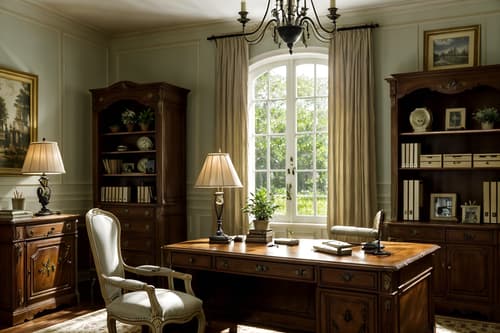 photo from pinterest of french country-style interior designed (home office interior) with office chair and cabinets and desk lamp and computer desk and plant and office chair. . with . . cinematic photo, highly detailed, cinematic lighting, ultra-detailed, ultrarealistic, photorealism, 8k. trending on pinterest. french country interior design style. masterpiece, cinematic light, ultrarealistic+, photorealistic+, 8k, raw photo, realistic, sharp focus on eyes, (symmetrical eyes), (intact eyes), hyperrealistic, highest quality, best quality, , highly detailed, masterpiece, best quality, extremely detailed 8k wallpaper, masterpiece, best quality, ultra-detailed, best shadow, detailed background, detailed face, detailed eyes, high contrast, best illumination, detailed face, dulux, caustic, dynamic angle, detailed glow. dramatic lighting. highly detailed, insanely detailed hair, symmetrical, intricate details, professionally retouched, 8k high definition. strong bokeh. award winning photo.