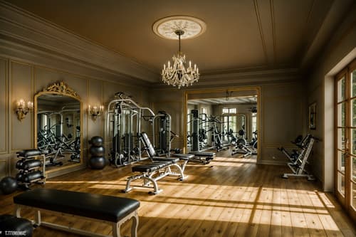 photo from pinterest of french country-style interior designed (fitness gym interior) with exercise bicycle and bench press and crosstrainer and squat rack and dumbbell stand and exercise bicycle. . with . . cinematic photo, highly detailed, cinematic lighting, ultra-detailed, ultrarealistic, photorealism, 8k. trending on pinterest. french country interior design style. masterpiece, cinematic light, ultrarealistic+, photorealistic+, 8k, raw photo, realistic, sharp focus on eyes, (symmetrical eyes), (intact eyes), hyperrealistic, highest quality, best quality, , highly detailed, masterpiece, best quality, extremely detailed 8k wallpaper, masterpiece, best quality, ultra-detailed, best shadow, detailed background, detailed face, detailed eyes, high contrast, best illumination, detailed face, dulux, caustic, dynamic angle, detailed glow. dramatic lighting. highly detailed, insanely detailed hair, symmetrical, intricate details, professionally retouched, 8k high definition. strong bokeh. award winning photo.