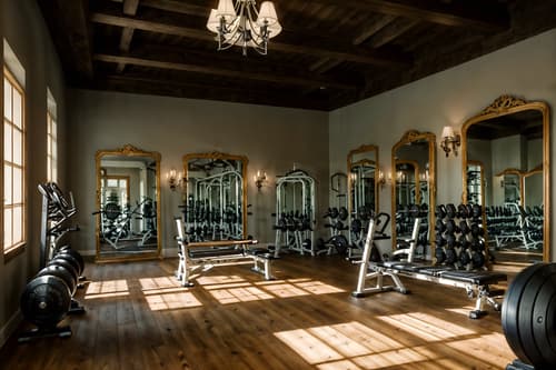 photo from pinterest of french country-style interior designed (fitness gym interior) with exercise bicycle and bench press and crosstrainer and squat rack and dumbbell stand and exercise bicycle. . with . . cinematic photo, highly detailed, cinematic lighting, ultra-detailed, ultrarealistic, photorealism, 8k. trending on pinterest. french country interior design style. masterpiece, cinematic light, ultrarealistic+, photorealistic+, 8k, raw photo, realistic, sharp focus on eyes, (symmetrical eyes), (intact eyes), hyperrealistic, highest quality, best quality, , highly detailed, masterpiece, best quality, extremely detailed 8k wallpaper, masterpiece, best quality, ultra-detailed, best shadow, detailed background, detailed face, detailed eyes, high contrast, best illumination, detailed face, dulux, caustic, dynamic angle, detailed glow. dramatic lighting. highly detailed, insanely detailed hair, symmetrical, intricate details, professionally retouched, 8k high definition. strong bokeh. award winning photo.