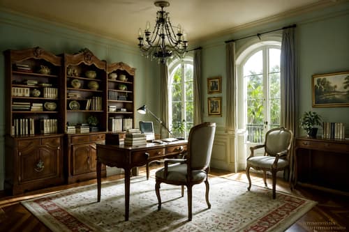 photo from pinterest of french country-style interior designed (study room interior) with office chair and plant and writing desk and cabinets and desk lamp and bookshelves and lounge chair and office chair. . with . . cinematic photo, highly detailed, cinematic lighting, ultra-detailed, ultrarealistic, photorealism, 8k. trending on pinterest. french country interior design style. masterpiece, cinematic light, ultrarealistic+, photorealistic+, 8k, raw photo, realistic, sharp focus on eyes, (symmetrical eyes), (intact eyes), hyperrealistic, highest quality, best quality, , highly detailed, masterpiece, best quality, extremely detailed 8k wallpaper, masterpiece, best quality, ultra-detailed, best shadow, detailed background, detailed face, detailed eyes, high contrast, best illumination, detailed face, dulux, caustic, dynamic angle, detailed glow. dramatic lighting. highly detailed, insanely detailed hair, symmetrical, intricate details, professionally retouched, 8k high definition. strong bokeh. award winning photo.
