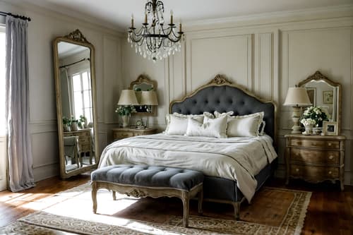 photo from pinterest of french country-style interior designed (bedroom interior) with dresser closet and bed and bedside table or night stand and plant and headboard and accent chair and storage bench or ottoman and mirror. . with . . cinematic photo, highly detailed, cinematic lighting, ultra-detailed, ultrarealistic, photorealism, 8k. trending on pinterest. french country interior design style. masterpiece, cinematic light, ultrarealistic+, photorealistic+, 8k, raw photo, realistic, sharp focus on eyes, (symmetrical eyes), (intact eyes), hyperrealistic, highest quality, best quality, , highly detailed, masterpiece, best quality, extremely detailed 8k wallpaper, masterpiece, best quality, ultra-detailed, best shadow, detailed background, detailed face, detailed eyes, high contrast, best illumination, detailed face, dulux, caustic, dynamic angle, detailed glow. dramatic lighting. highly detailed, insanely detailed hair, symmetrical, intricate details, professionally retouched, 8k high definition. strong bokeh. award winning photo.