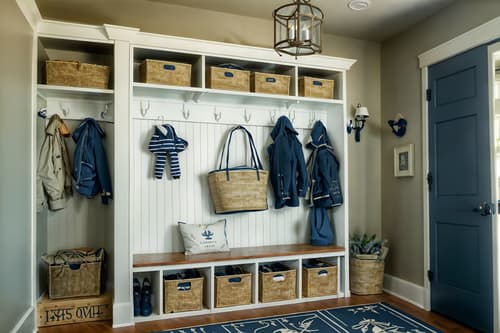 photo from pinterest of nautical-style interior designed (mudroom interior) with storage drawers and cubbies and wall hooks for coats and a bench and storage baskets and cabinets and shelves for shoes and high up storage. . . cinematic photo, highly detailed, cinematic lighting, ultra-detailed, ultrarealistic, photorealism, 8k. trending on pinterest. nautical interior design style. masterpiece, cinematic light, ultrarealistic+, photorealistic+, 8k, raw photo, realistic, sharp focus on eyes, (symmetrical eyes), (intact eyes), hyperrealistic, highest quality, best quality, , highly detailed, masterpiece, best quality, extremely detailed 8k wallpaper, masterpiece, best quality, ultra-detailed, best shadow, detailed background, detailed face, detailed eyes, high contrast, best illumination, detailed face, dulux, caustic, dynamic angle, detailed glow. dramatic lighting. highly detailed, insanely detailed hair, symmetrical, intricate details, professionally retouched, 8k high definition. strong bokeh. award winning photo.