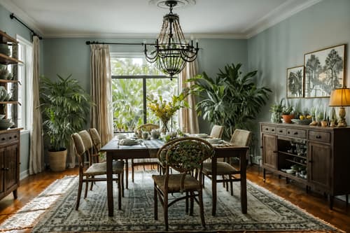 photo from pinterest of boho-chic-style interior designed (dining room interior) with dining table and plant and dining table chairs and painting or photo on wall and bookshelves and plates, cutlery and glasses on dining table and light or chandelier and table cloth. . . cinematic photo, highly detailed, cinematic lighting, ultra-detailed, ultrarealistic, photorealism, 8k. trending on pinterest. boho-chic interior design style. masterpiece, cinematic light, ultrarealistic+, photorealistic+, 8k, raw photo, realistic, sharp focus on eyes, (symmetrical eyes), (intact eyes), hyperrealistic, highest quality, best quality, , highly detailed, masterpiece, best quality, extremely detailed 8k wallpaper, masterpiece, best quality, ultra-detailed, best shadow, detailed background, detailed face, detailed eyes, high contrast, best illumination, detailed face, dulux, caustic, dynamic angle, detailed glow. dramatic lighting. highly detailed, insanely detailed hair, symmetrical, intricate details, professionally retouched, 8k high definition. strong bokeh. award winning photo.