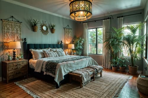 photo from pinterest of boho-chic-style interior designed (bedroom interior) with accent chair and plant and night light and mirror and storage bench or ottoman and headboard and dresser closet and bedside table or night stand. . . cinematic photo, highly detailed, cinematic lighting, ultra-detailed, ultrarealistic, photorealism, 8k. trending on pinterest. boho-chic interior design style. masterpiece, cinematic light, ultrarealistic+, photorealistic+, 8k, raw photo, realistic, sharp focus on eyes, (symmetrical eyes), (intact eyes), hyperrealistic, highest quality, best quality, , highly detailed, masterpiece, best quality, extremely detailed 8k wallpaper, masterpiece, best quality, ultra-detailed, best shadow, detailed background, detailed face, detailed eyes, high contrast, best illumination, detailed face, dulux, caustic, dynamic angle, detailed glow. dramatic lighting. highly detailed, insanely detailed hair, symmetrical, intricate details, professionally retouched, 8k high definition. strong bokeh. award winning photo.