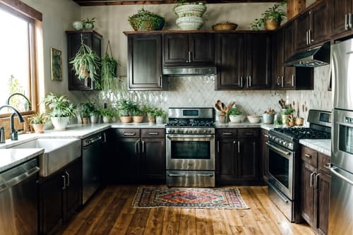 photo from pinterest of boho-chic-style interior designed (kitchen interior) with worktops and stove and kitchen cabinets and plant and sink and refrigerator and worktops. . . cinematic photo, highly detailed, cinematic lighting, ultra-detailed, ultrarealistic, photorealism, 8k. trending on pinterest. boho-chic interior design style. masterpiece, cinematic light, ultrarealistic+, photorealistic+, 8k, raw photo, realistic, sharp focus on eyes, (symmetrical eyes), (intact eyes), hyperrealistic, highest quality, best quality, , highly detailed, masterpiece, best quality, extremely detailed 8k wallpaper, masterpiece, best quality, ultra-detailed, best shadow, detailed background, detailed face, detailed eyes, high contrast, best illumination, detailed face, dulux, caustic, dynamic angle, detailed glow. dramatic lighting. highly detailed, insanely detailed hair, symmetrical, intricate details, professionally retouched, 8k high definition. strong bokeh. award winning photo.