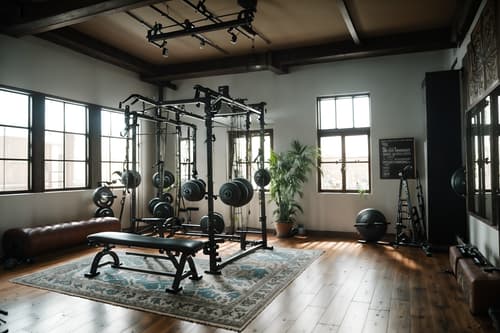 photo from pinterest of boho-chic-style interior designed (fitness gym interior) with exercise bicycle and crosstrainer and bench press and dumbbell stand and squat rack and exercise bicycle. . . cinematic photo, highly detailed, cinematic lighting, ultra-detailed, ultrarealistic, photorealism, 8k. trending on pinterest. boho-chic interior design style. masterpiece, cinematic light, ultrarealistic+, photorealistic+, 8k, raw photo, realistic, sharp focus on eyes, (symmetrical eyes), (intact eyes), hyperrealistic, highest quality, best quality, , highly detailed, masterpiece, best quality, extremely detailed 8k wallpaper, masterpiece, best quality, ultra-detailed, best shadow, detailed background, detailed face, detailed eyes, high contrast, best illumination, detailed face, dulux, caustic, dynamic angle, detailed glow. dramatic lighting. highly detailed, insanely detailed hair, symmetrical, intricate details, professionally retouched, 8k high definition. strong bokeh. award winning photo.