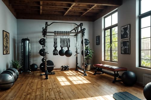 photo from pinterest of boho-chic-style interior designed (fitness gym interior) with exercise bicycle and crosstrainer and bench press and dumbbell stand and squat rack and exercise bicycle. . . cinematic photo, highly detailed, cinematic lighting, ultra-detailed, ultrarealistic, photorealism, 8k. trending on pinterest. boho-chic interior design style. masterpiece, cinematic light, ultrarealistic+, photorealistic+, 8k, raw photo, realistic, sharp focus on eyes, (symmetrical eyes), (intact eyes), hyperrealistic, highest quality, best quality, , highly detailed, masterpiece, best quality, extremely detailed 8k wallpaper, masterpiece, best quality, ultra-detailed, best shadow, detailed background, detailed face, detailed eyes, high contrast, best illumination, detailed face, dulux, caustic, dynamic angle, detailed glow. dramatic lighting. highly detailed, insanely detailed hair, symmetrical, intricate details, professionally retouched, 8k high definition. strong bokeh. award winning photo.