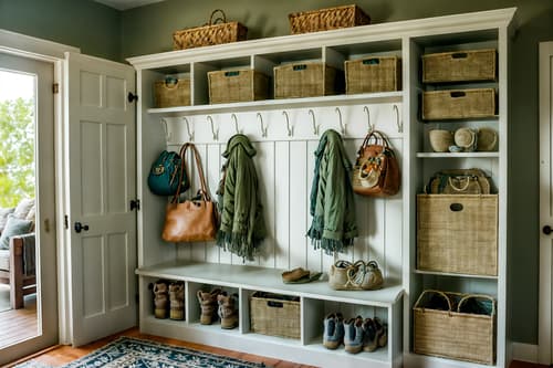 photo from pinterest of boho-chic-style interior designed (mudroom interior) with wall hooks for coats and cubbies and cabinets and a bench and storage baskets and high up storage and shelves for shoes and storage drawers. . . cinematic photo, highly detailed, cinematic lighting, ultra-detailed, ultrarealistic, photorealism, 8k. trending on pinterest. boho-chic interior design style. masterpiece, cinematic light, ultrarealistic+, photorealistic+, 8k, raw photo, realistic, sharp focus on eyes, (symmetrical eyes), (intact eyes), hyperrealistic, highest quality, best quality, , highly detailed, masterpiece, best quality, extremely detailed 8k wallpaper, masterpiece, best quality, ultra-detailed, best shadow, detailed background, detailed face, detailed eyes, high contrast, best illumination, detailed face, dulux, caustic, dynamic angle, detailed glow. dramatic lighting. highly detailed, insanely detailed hair, symmetrical, intricate details, professionally retouched, 8k high definition. strong bokeh. award winning photo.