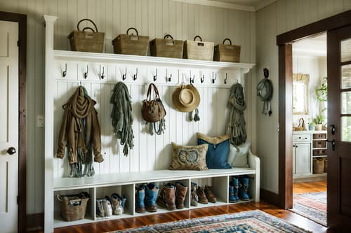 photo from pinterest of boho-chic-style interior designed (mudroom interior) with wall hooks for coats and cubbies and cabinets and a bench and storage baskets and high up storage and shelves for shoes and storage drawers. . . cinematic photo, highly detailed, cinematic lighting, ultra-detailed, ultrarealistic, photorealism, 8k. trending on pinterest. boho-chic interior design style. masterpiece, cinematic light, ultrarealistic+, photorealistic+, 8k, raw photo, realistic, sharp focus on eyes, (symmetrical eyes), (intact eyes), hyperrealistic, highest quality, best quality, , highly detailed, masterpiece, best quality, extremely detailed 8k wallpaper, masterpiece, best quality, ultra-detailed, best shadow, detailed background, detailed face, detailed eyes, high contrast, best illumination, detailed face, dulux, caustic, dynamic angle, detailed glow. dramatic lighting. highly detailed, insanely detailed hair, symmetrical, intricate details, professionally retouched, 8k high definition. strong bokeh. award winning photo.