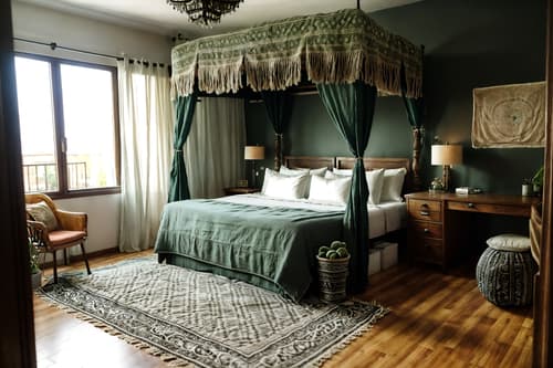 photo from pinterest of boho-chic-style interior designed (hotel room interior) with bed and hotel bathroom and working desk with desk chair and bedside table or night stand and night light and headboard and mirror and storage bench or ottoman. . . cinematic photo, highly detailed, cinematic lighting, ultra-detailed, ultrarealistic, photorealism, 8k. trending on pinterest. boho-chic interior design style. masterpiece, cinematic light, ultrarealistic+, photorealistic+, 8k, raw photo, realistic, sharp focus on eyes, (symmetrical eyes), (intact eyes), hyperrealistic, highest quality, best quality, , highly detailed, masterpiece, best quality, extremely detailed 8k wallpaper, masterpiece, best quality, ultra-detailed, best shadow, detailed background, detailed face, detailed eyes, high contrast, best illumination, detailed face, dulux, caustic, dynamic angle, detailed glow. dramatic lighting. highly detailed, insanely detailed hair, symmetrical, intricate details, professionally retouched, 8k high definition. strong bokeh. award winning photo.