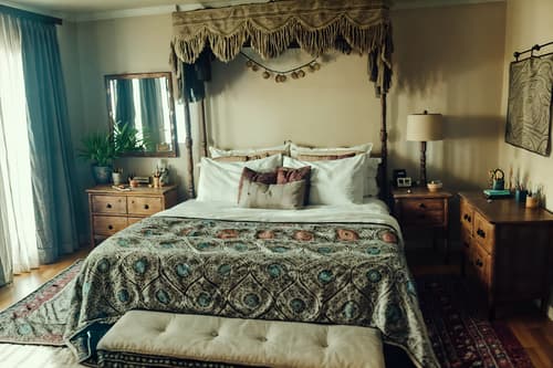 photo from pinterest of boho-chic-style interior designed (hotel room interior) with bed and hotel bathroom and working desk with desk chair and bedside table or night stand and night light and headboard and mirror and storage bench or ottoman. . . cinematic photo, highly detailed, cinematic lighting, ultra-detailed, ultrarealistic, photorealism, 8k. trending on pinterest. boho-chic interior design style. masterpiece, cinematic light, ultrarealistic+, photorealistic+, 8k, raw photo, realistic, sharp focus on eyes, (symmetrical eyes), (intact eyes), hyperrealistic, highest quality, best quality, , highly detailed, masterpiece, best quality, extremely detailed 8k wallpaper, masterpiece, best quality, ultra-detailed, best shadow, detailed background, detailed face, detailed eyes, high contrast, best illumination, detailed face, dulux, caustic, dynamic angle, detailed glow. dramatic lighting. highly detailed, insanely detailed hair, symmetrical, intricate details, professionally retouched, 8k high definition. strong bokeh. award winning photo.