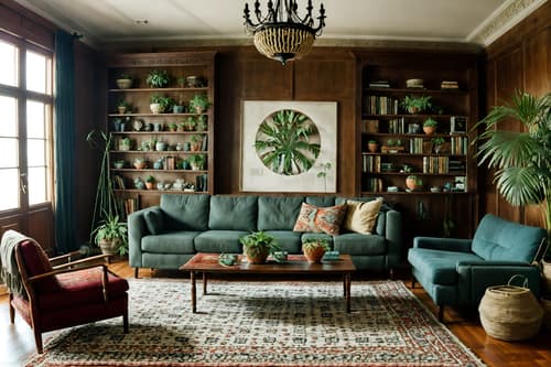 photo from pinterest of boho-chic-style interior designed (living room interior) with coffee tables and sofa and occasional tables and furniture and rug and bookshelves and plant and chairs. . . cinematic photo, highly detailed, cinematic lighting, ultra-detailed, ultrarealistic, photorealism, 8k. trending on pinterest. boho-chic interior design style. masterpiece, cinematic light, ultrarealistic+, photorealistic+, 8k, raw photo, realistic, sharp focus on eyes, (symmetrical eyes), (intact eyes), hyperrealistic, highest quality, best quality, , highly detailed, masterpiece, best quality, extremely detailed 8k wallpaper, masterpiece, best quality, ultra-detailed, best shadow, detailed background, detailed face, detailed eyes, high contrast, best illumination, detailed face, dulux, caustic, dynamic angle, detailed glow. dramatic lighting. highly detailed, insanely detailed hair, symmetrical, intricate details, professionally retouched, 8k high definition. strong bokeh. award winning photo.