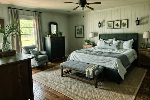 photo from pinterest of farmhouse-style interior designed (bedroom interior) with storage bench or ottoman and dresser closet and mirror and plant and headboard and bedside table or night stand and night light and bed. . with . . cinematic photo, highly detailed, cinematic lighting, ultra-detailed, ultrarealistic, photorealism, 8k. trending on pinterest. farmhouse interior design style. masterpiece, cinematic light, ultrarealistic+, photorealistic+, 8k, raw photo, realistic, sharp focus on eyes, (symmetrical eyes), (intact eyes), hyperrealistic, highest quality, best quality, , highly detailed, masterpiece, best quality, extremely detailed 8k wallpaper, masterpiece, best quality, ultra-detailed, best shadow, detailed background, detailed face, detailed eyes, high contrast, best illumination, detailed face, dulux, caustic, dynamic angle, detailed glow. dramatic lighting. highly detailed, insanely detailed hair, symmetrical, intricate details, professionally retouched, 8k high definition. strong bokeh. award winning photo.