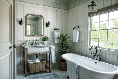 photo from pinterest of farmhouse-style interior designed (bathroom interior) with shower and waste basket and bath towel and bathroom sink with faucet and plant and mirror and bath rail and toilet seat. . with . . cinematic photo, highly detailed, cinematic lighting, ultra-detailed, ultrarealistic, photorealism, 8k. trending on pinterest. farmhouse interior design style. masterpiece, cinematic light, ultrarealistic+, photorealistic+, 8k, raw photo, realistic, sharp focus on eyes, (symmetrical eyes), (intact eyes), hyperrealistic, highest quality, best quality, , highly detailed, masterpiece, best quality, extremely detailed 8k wallpaper, masterpiece, best quality, ultra-detailed, best shadow, detailed background, detailed face, detailed eyes, high contrast, best illumination, detailed face, dulux, caustic, dynamic angle, detailed glow. dramatic lighting. highly detailed, insanely detailed hair, symmetrical, intricate details, professionally retouched, 8k high definition. strong bokeh. award winning photo.