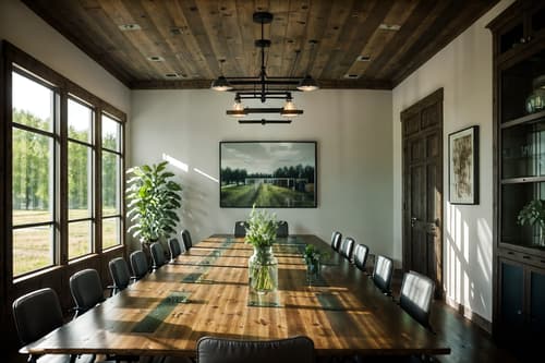 photo from pinterest of farmhouse-style interior designed (meeting room interior) with glass walls and painting or photo on wall and cabinets and office chairs and boardroom table and glass doors and vase and plant. . with . . cinematic photo, highly detailed, cinematic lighting, ultra-detailed, ultrarealistic, photorealism, 8k. trending on pinterest. farmhouse interior design style. masterpiece, cinematic light, ultrarealistic+, photorealistic+, 8k, raw photo, realistic, sharp focus on eyes, (symmetrical eyes), (intact eyes), hyperrealistic, highest quality, best quality, , highly detailed, masterpiece, best quality, extremely detailed 8k wallpaper, masterpiece, best quality, ultra-detailed, best shadow, detailed background, detailed face, detailed eyes, high contrast, best illumination, detailed face, dulux, caustic, dynamic angle, detailed glow. dramatic lighting. highly detailed, insanely detailed hair, symmetrical, intricate details, professionally retouched, 8k high definition. strong bokeh. award winning photo.