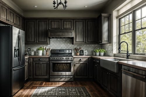 photo from pinterest of farmhouse-style interior designed (kitchen interior) with stove and refrigerator and sink and kitchen cabinets and worktops and plant and stove. . with . . cinematic photo, highly detailed, cinematic lighting, ultra-detailed, ultrarealistic, photorealism, 8k. trending on pinterest. farmhouse interior design style. masterpiece, cinematic light, ultrarealistic+, photorealistic+, 8k, raw photo, realistic, sharp focus on eyes, (symmetrical eyes), (intact eyes), hyperrealistic, highest quality, best quality, , highly detailed, masterpiece, best quality, extremely detailed 8k wallpaper, masterpiece, best quality, ultra-detailed, best shadow, detailed background, detailed face, detailed eyes, high contrast, best illumination, detailed face, dulux, caustic, dynamic angle, detailed glow. dramatic lighting. highly detailed, insanely detailed hair, symmetrical, intricate details, professionally retouched, 8k high definition. strong bokeh. award winning photo.