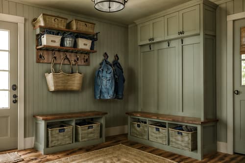 photo from pinterest of farmhouse-style interior designed (mudroom interior) with storage baskets and wall hooks for coats and shelves for shoes and cubbies and cabinets and high up storage and a bench and storage drawers. . with . . cinematic photo, highly detailed, cinematic lighting, ultra-detailed, ultrarealistic, photorealism, 8k. trending on pinterest. farmhouse interior design style. masterpiece, cinematic light, ultrarealistic+, photorealistic+, 8k, raw photo, realistic, sharp focus on eyes, (symmetrical eyes), (intact eyes), hyperrealistic, highest quality, best quality, , highly detailed, masterpiece, best quality, extremely detailed 8k wallpaper, masterpiece, best quality, ultra-detailed, best shadow, detailed background, detailed face, detailed eyes, high contrast, best illumination, detailed face, dulux, caustic, dynamic angle, detailed glow. dramatic lighting. highly detailed, insanely detailed hair, symmetrical, intricate details, professionally retouched, 8k high definition. strong bokeh. award winning photo.