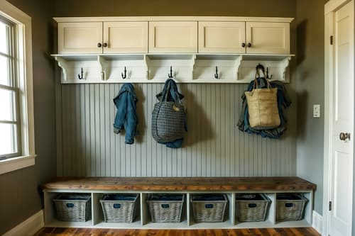 photo from pinterest of farmhouse-style interior designed (mudroom interior) with storage baskets and wall hooks for coats and shelves for shoes and cubbies and cabinets and high up storage and a bench and storage drawers. . with . . cinematic photo, highly detailed, cinematic lighting, ultra-detailed, ultrarealistic, photorealism, 8k. trending on pinterest. farmhouse interior design style. masterpiece, cinematic light, ultrarealistic+, photorealistic+, 8k, raw photo, realistic, sharp focus on eyes, (symmetrical eyes), (intact eyes), hyperrealistic, highest quality, best quality, , highly detailed, masterpiece, best quality, extremely detailed 8k wallpaper, masterpiece, best quality, ultra-detailed, best shadow, detailed background, detailed face, detailed eyes, high contrast, best illumination, detailed face, dulux, caustic, dynamic angle, detailed glow. dramatic lighting. highly detailed, insanely detailed hair, symmetrical, intricate details, professionally retouched, 8k high definition. strong bokeh. award winning photo.
