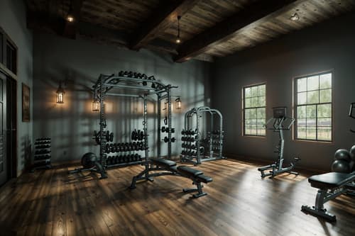 photo from pinterest of farmhouse-style interior designed (fitness gym interior) with crosstrainer and bench press and dumbbell stand and squat rack and exercise bicycle and crosstrainer. . with . . cinematic photo, highly detailed, cinematic lighting, ultra-detailed, ultrarealistic, photorealism, 8k. trending on pinterest. farmhouse interior design style. masterpiece, cinematic light, ultrarealistic+, photorealistic+, 8k, raw photo, realistic, sharp focus on eyes, (symmetrical eyes), (intact eyes), hyperrealistic, highest quality, best quality, , highly detailed, masterpiece, best quality, extremely detailed 8k wallpaper, masterpiece, best quality, ultra-detailed, best shadow, detailed background, detailed face, detailed eyes, high contrast, best illumination, detailed face, dulux, caustic, dynamic angle, detailed glow. dramatic lighting. highly detailed, insanely detailed hair, symmetrical, intricate details, professionally retouched, 8k high definition. strong bokeh. award winning photo.