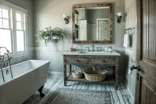 photo from pinterest of farmhouse-style interior designed (hotel bathroom interior) with bathroom cabinet and plant and mirror and bath rail and bathtub and bath towel and bathroom sink with faucet and waste basket. . with . . cinematic photo, highly detailed, cinematic lighting, ultra-detailed, ultrarealistic, photorealism, 8k. trending on pinterest. farmhouse interior design style. masterpiece, cinematic light, ultrarealistic+, photorealistic+, 8k, raw photo, realistic, sharp focus on eyes, (symmetrical eyes), (intact eyes), hyperrealistic, highest quality, best quality, , highly detailed, masterpiece, best quality, extremely detailed 8k wallpaper, masterpiece, best quality, ultra-detailed, best shadow, detailed background, detailed face, detailed eyes, high contrast, best illumination, detailed face, dulux, caustic, dynamic angle, detailed glow. dramatic lighting. highly detailed, insanely detailed hair, symmetrical, intricate details, professionally retouched, 8k high definition. strong bokeh. award winning photo.