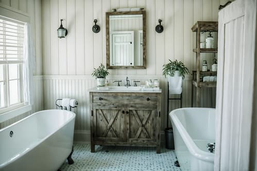 photo from pinterest of farmhouse-style interior designed (hotel bathroom interior) with bathroom cabinet and plant and mirror and bath rail and bathtub and bath towel and bathroom sink with faucet and waste basket. . with . . cinematic photo, highly detailed, cinematic lighting, ultra-detailed, ultrarealistic, photorealism, 8k. trending on pinterest. farmhouse interior design style. masterpiece, cinematic light, ultrarealistic+, photorealistic+, 8k, raw photo, realistic, sharp focus on eyes, (symmetrical eyes), (intact eyes), hyperrealistic, highest quality, best quality, , highly detailed, masterpiece, best quality, extremely detailed 8k wallpaper, masterpiece, best quality, ultra-detailed, best shadow, detailed background, detailed face, detailed eyes, high contrast, best illumination, detailed face, dulux, caustic, dynamic angle, detailed glow. dramatic lighting. highly detailed, insanely detailed hair, symmetrical, intricate details, professionally retouched, 8k high definition. strong bokeh. award winning photo.