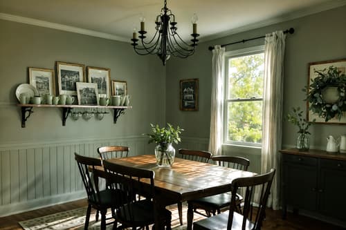 photo from pinterest of farmhouse-style interior designed (dining room interior) with painting or photo on wall and bookshelves and plant and plates, cutlery and glasses on dining table and dining table and light or chandelier and table cloth and vase. . with . . cinematic photo, highly detailed, cinematic lighting, ultra-detailed, ultrarealistic, photorealism, 8k. trending on pinterest. farmhouse interior design style. masterpiece, cinematic light, ultrarealistic+, photorealistic+, 8k, raw photo, realistic, sharp focus on eyes, (symmetrical eyes), (intact eyes), hyperrealistic, highest quality, best quality, , highly detailed, masterpiece, best quality, extremely detailed 8k wallpaper, masterpiece, best quality, ultra-detailed, best shadow, detailed background, detailed face, detailed eyes, high contrast, best illumination, detailed face, dulux, caustic, dynamic angle, detailed glow. dramatic lighting. highly detailed, insanely detailed hair, symmetrical, intricate details, professionally retouched, 8k high definition. strong bokeh. award winning photo.