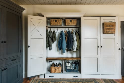 photo from pinterest of farmhouse-style interior designed (drop zone interior) with storage drawers and cabinets and cubbies and lockers and shelves for shoes and wall hooks for coats and high up storage and a bench. . with . . cinematic photo, highly detailed, cinematic lighting, ultra-detailed, ultrarealistic, photorealism, 8k. trending on pinterest. farmhouse interior design style. masterpiece, cinematic light, ultrarealistic+, photorealistic+, 8k, raw photo, realistic, sharp focus on eyes, (symmetrical eyes), (intact eyes), hyperrealistic, highest quality, best quality, , highly detailed, masterpiece, best quality, extremely detailed 8k wallpaper, masterpiece, best quality, ultra-detailed, best shadow, detailed background, detailed face, detailed eyes, high contrast, best illumination, detailed face, dulux, caustic, dynamic angle, detailed glow. dramatic lighting. highly detailed, insanely detailed hair, symmetrical, intricate details, professionally retouched, 8k high definition. strong bokeh. award winning photo.