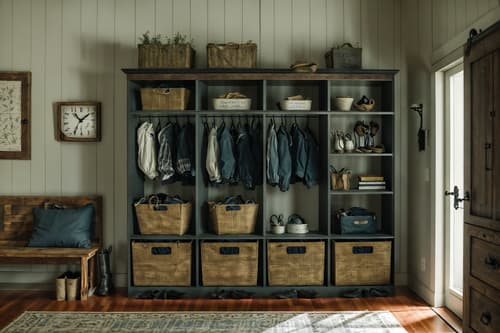 photo from pinterest of farmhouse-style interior designed (drop zone interior) with storage drawers and cabinets and cubbies and lockers and shelves for shoes and wall hooks for coats and high up storage and a bench. . with . . cinematic photo, highly detailed, cinematic lighting, ultra-detailed, ultrarealistic, photorealism, 8k. trending on pinterest. farmhouse interior design style. masterpiece, cinematic light, ultrarealistic+, photorealistic+, 8k, raw photo, realistic, sharp focus on eyes, (symmetrical eyes), (intact eyes), hyperrealistic, highest quality, best quality, , highly detailed, masterpiece, best quality, extremely detailed 8k wallpaper, masterpiece, best quality, ultra-detailed, best shadow, detailed background, detailed face, detailed eyes, high contrast, best illumination, detailed face, dulux, caustic, dynamic angle, detailed glow. dramatic lighting. highly detailed, insanely detailed hair, symmetrical, intricate details, professionally retouched, 8k high definition. strong bokeh. award winning photo.