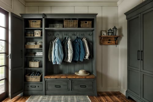 photo from pinterest of farmhouse-style interior designed (drop zone interior) with storage drawers and cabinets and cubbies and lockers and shelves for shoes and wall hooks for coats and high up storage and a bench. . with . . cinematic photo, highly detailed, cinematic lighting, ultra-detailed, ultrarealistic, photorealism, 8k. trending on pinterest. farmhouse interior design style. masterpiece, cinematic light, ultrarealistic+, photorealistic+, 8k, raw photo, realistic, sharp focus on eyes, (symmetrical eyes), (intact eyes), hyperrealistic, highest quality, best quality, , highly detailed, masterpiece, best quality, extremely detailed 8k wallpaper, masterpiece, best quality, ultra-detailed, best shadow, detailed background, detailed face, detailed eyes, high contrast, best illumination, detailed face, dulux, caustic, dynamic angle, detailed glow. dramatic lighting. highly detailed, insanely detailed hair, symmetrical, intricate details, professionally retouched, 8k high definition. strong bokeh. award winning photo.
