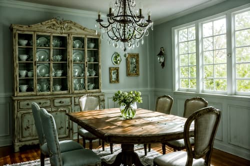 photo from pinterest of shabby chic-style interior designed (dining room interior) with light or chandelier and plates, cutlery and glasses on dining table and bookshelves and dining table and dining table chairs and plant and painting or photo on wall and vase. . . cinematic photo, highly detailed, cinematic lighting, ultra-detailed, ultrarealistic, photorealism, 8k. trending on pinterest. shabby chic interior design style. masterpiece, cinematic light, ultrarealistic+, photorealistic+, 8k, raw photo, realistic, sharp focus on eyes, (symmetrical eyes), (intact eyes), hyperrealistic, highest quality, best quality, , highly detailed, masterpiece, best quality, extremely detailed 8k wallpaper, masterpiece, best quality, ultra-detailed, best shadow, detailed background, detailed face, detailed eyes, high contrast, best illumination, detailed face, dulux, caustic, dynamic angle, detailed glow. dramatic lighting. highly detailed, insanely detailed hair, symmetrical, intricate details, professionally retouched, 8k high definition. strong bokeh. award winning photo.