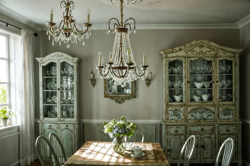 photo from pinterest of shabby chic-style interior designed (dining room interior) with light or chandelier and plates, cutlery and glasses on dining table and bookshelves and dining table and dining table chairs and plant and painting or photo on wall and vase. . . cinematic photo, highly detailed, cinematic lighting, ultra-detailed, ultrarealistic, photorealism, 8k. trending on pinterest. shabby chic interior design style. masterpiece, cinematic light, ultrarealistic+, photorealistic+, 8k, raw photo, realistic, sharp focus on eyes, (symmetrical eyes), (intact eyes), hyperrealistic, highest quality, best quality, , highly detailed, masterpiece, best quality, extremely detailed 8k wallpaper, masterpiece, best quality, ultra-detailed, best shadow, detailed background, detailed face, detailed eyes, high contrast, best illumination, detailed face, dulux, caustic, dynamic angle, detailed glow. dramatic lighting. highly detailed, insanely detailed hair, symmetrical, intricate details, professionally retouched, 8k high definition. strong bokeh. award winning photo.