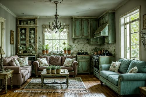 photo from pinterest of shabby chic-style interior designed (kitchen living combo interior) with coffee tables and sofa and occasional tables and stove and electric lamps and refrigerator and plant and sink. . . cinematic photo, highly detailed, cinematic lighting, ultra-detailed, ultrarealistic, photorealism, 8k. trending on pinterest. shabby chic interior design style. masterpiece, cinematic light, ultrarealistic+, photorealistic+, 8k, raw photo, realistic, sharp focus on eyes, (symmetrical eyes), (intact eyes), hyperrealistic, highest quality, best quality, , highly detailed, masterpiece, best quality, extremely detailed 8k wallpaper, masterpiece, best quality, ultra-detailed, best shadow, detailed background, detailed face, detailed eyes, high contrast, best illumination, detailed face, dulux, caustic, dynamic angle, detailed glow. dramatic lighting. highly detailed, insanely detailed hair, symmetrical, intricate details, professionally retouched, 8k high definition. strong bokeh. award winning photo.