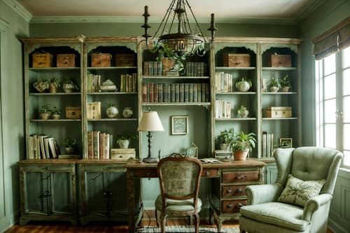 photo from pinterest of shabby chic-style interior designed (study room interior) with plant and bookshelves and lounge chair and desk lamp and writing desk and cabinets and office chair and plant. . . cinematic photo, highly detailed, cinematic lighting, ultra-detailed, ultrarealistic, photorealism, 8k. trending on pinterest. shabby chic interior design style. masterpiece, cinematic light, ultrarealistic+, photorealistic+, 8k, raw photo, realistic, sharp focus on eyes, (symmetrical eyes), (intact eyes), hyperrealistic, highest quality, best quality, , highly detailed, masterpiece, best quality, extremely detailed 8k wallpaper, masterpiece, best quality, ultra-detailed, best shadow, detailed background, detailed face, detailed eyes, high contrast, best illumination, detailed face, dulux, caustic, dynamic angle, detailed glow. dramatic lighting. highly detailed, insanely detailed hair, symmetrical, intricate details, professionally retouched, 8k high definition. strong bokeh. award winning photo.