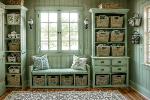 photo from pinterest of shabby chic-style interior designed (mudroom interior) with shelves for shoes and cubbies and a bench and high up storage and storage drawers and storage baskets and wall hooks for coats and cabinets. . . cinematic photo, highly detailed, cinematic lighting, ultra-detailed, ultrarealistic, photorealism, 8k. trending on pinterest. shabby chic interior design style. masterpiece, cinematic light, ultrarealistic+, photorealistic+, 8k, raw photo, realistic, sharp focus on eyes, (symmetrical eyes), (intact eyes), hyperrealistic, highest quality, best quality, , highly detailed, masterpiece, best quality, extremely detailed 8k wallpaper, masterpiece, best quality, ultra-detailed, best shadow, detailed background, detailed face, detailed eyes, high contrast, best illumination, detailed face, dulux, caustic, dynamic angle, detailed glow. dramatic lighting. highly detailed, insanely detailed hair, symmetrical, intricate details, professionally retouched, 8k high definition. strong bokeh. award winning photo.