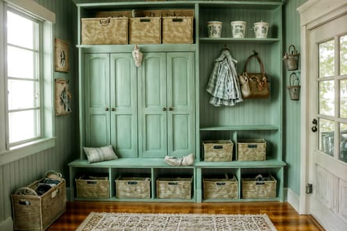photo from pinterest of shabby chic-style interior designed (mudroom interior) with shelves for shoes and cubbies and a bench and high up storage and storage drawers and storage baskets and wall hooks for coats and cabinets. . . cinematic photo, highly detailed, cinematic lighting, ultra-detailed, ultrarealistic, photorealism, 8k. trending on pinterest. shabby chic interior design style. masterpiece, cinematic light, ultrarealistic+, photorealistic+, 8k, raw photo, realistic, sharp focus on eyes, (symmetrical eyes), (intact eyes), hyperrealistic, highest quality, best quality, , highly detailed, masterpiece, best quality, extremely detailed 8k wallpaper, masterpiece, best quality, ultra-detailed, best shadow, detailed background, detailed face, detailed eyes, high contrast, best illumination, detailed face, dulux, caustic, dynamic angle, detailed glow. dramatic lighting. highly detailed, insanely detailed hair, symmetrical, intricate details, professionally retouched, 8k high definition. strong bokeh. award winning photo.