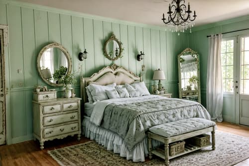 photo from pinterest of shabby chic-style interior designed (bedroom interior) with bedside table or night stand and dresser closet and plant and accent chair and mirror and storage bench or ottoman and night light and headboard. . . cinematic photo, highly detailed, cinematic lighting, ultra-detailed, ultrarealistic, photorealism, 8k. trending on pinterest. shabby chic interior design style. masterpiece, cinematic light, ultrarealistic+, photorealistic+, 8k, raw photo, realistic, sharp focus on eyes, (symmetrical eyes), (intact eyes), hyperrealistic, highest quality, best quality, , highly detailed, masterpiece, best quality, extremely detailed 8k wallpaper, masterpiece, best quality, ultra-detailed, best shadow, detailed background, detailed face, detailed eyes, high contrast, best illumination, detailed face, dulux, caustic, dynamic angle, detailed glow. dramatic lighting. highly detailed, insanely detailed hair, symmetrical, intricate details, professionally retouched, 8k high definition. strong bokeh. award winning photo.