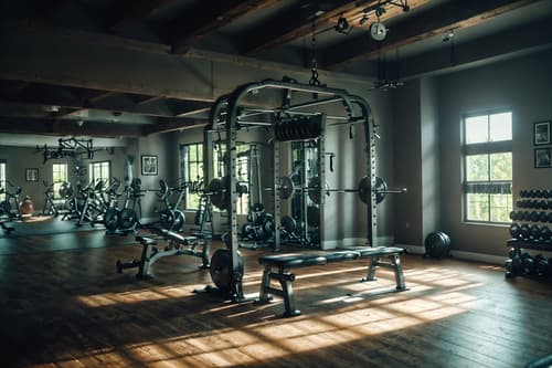 photo from pinterest of shabby chic-style interior designed (fitness gym interior) with dumbbell stand and bench press and exercise bicycle and squat rack and crosstrainer and dumbbell stand. . . cinematic photo, highly detailed, cinematic lighting, ultra-detailed, ultrarealistic, photorealism, 8k. trending on pinterest. shabby chic interior design style. masterpiece, cinematic light, ultrarealistic+, photorealistic+, 8k, raw photo, realistic, sharp focus on eyes, (symmetrical eyes), (intact eyes), hyperrealistic, highest quality, best quality, , highly detailed, masterpiece, best quality, extremely detailed 8k wallpaper, masterpiece, best quality, ultra-detailed, best shadow, detailed background, detailed face, detailed eyes, high contrast, best illumination, detailed face, dulux, caustic, dynamic angle, detailed glow. dramatic lighting. highly detailed, insanely detailed hair, symmetrical, intricate details, professionally retouched, 8k high definition. strong bokeh. award winning photo.