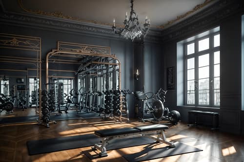 photo from pinterest of parisian-style interior designed (fitness gym interior) with exercise bicycle and crosstrainer and bench press and dumbbell stand and squat rack and exercise bicycle. . . cinematic photo, highly detailed, cinematic lighting, ultra-detailed, ultrarealistic, photorealism, 8k. trending on pinterest. parisian interior design style. masterpiece, cinematic light, ultrarealistic+, photorealistic+, 8k, raw photo, realistic, sharp focus on eyes, (symmetrical eyes), (intact eyes), hyperrealistic, highest quality, best quality, , highly detailed, masterpiece, best quality, extremely detailed 8k wallpaper, masterpiece, best quality, ultra-detailed, best shadow, detailed background, detailed face, detailed eyes, high contrast, best illumination, detailed face, dulux, caustic, dynamic angle, detailed glow. dramatic lighting. highly detailed, insanely detailed hair, symmetrical, intricate details, professionally retouched, 8k high definition. strong bokeh. award winning photo.