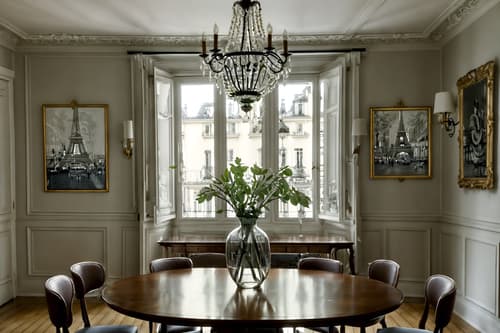 photo from pinterest of parisian-style interior designed (dining room interior) with painting or photo on wall and plant and dining table chairs and light or chandelier and vase and plates, cutlery and glasses on dining table and dining table and bookshelves. . . cinematic photo, highly detailed, cinematic lighting, ultra-detailed, ultrarealistic, photorealism, 8k. trending on pinterest. parisian interior design style. masterpiece, cinematic light, ultrarealistic+, photorealistic+, 8k, raw photo, realistic, sharp focus on eyes, (symmetrical eyes), (intact eyes), hyperrealistic, highest quality, best quality, , highly detailed, masterpiece, best quality, extremely detailed 8k wallpaper, masterpiece, best quality, ultra-detailed, best shadow, detailed background, detailed face, detailed eyes, high contrast, best illumination, detailed face, dulux, caustic, dynamic angle, detailed glow. dramatic lighting. highly detailed, insanely detailed hair, symmetrical, intricate details, professionally retouched, 8k high definition. strong bokeh. award winning photo.