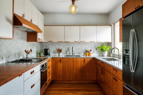 photo from pinterest of midcentury modern-style interior designed (kitchen interior) with sink and plant and stove and kitchen cabinets and worktops and refrigerator and sink. . with minimalist and graphic shapes and integrating indoor and outdoor motifs and clean lines and nature indoors and natural and manmade materials and organic and geometric shapes and wood pendant light mid century modern chandelier. . cinematic photo, highly detailed, cinematic lighting, ultra-detailed, ultrarealistic, photorealism, 8k. trending on pinterest. midcentury modern interior design style. masterpiece, cinematic light, ultrarealistic+, photorealistic+, 8k, raw photo, realistic, sharp focus on eyes, (symmetrical eyes), (intact eyes), hyperrealistic, highest quality, best quality, , highly detailed, masterpiece, best quality, extremely detailed 8k wallpaper, masterpiece, best quality, ultra-detailed, best shadow, detailed background, detailed face, detailed eyes, high contrast, best illumination, detailed face, dulux, caustic, dynamic angle, detailed glow. dramatic lighting. highly detailed, insanely detailed hair, symmetrical, intricate details, professionally retouched, 8k high definition. strong bokeh. award winning photo.