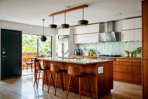 photo from pinterest of midcentury modern-style interior designed (kitchen interior) with sink and plant and stove and kitchen cabinets and worktops and refrigerator and sink. . with minimalist and graphic shapes and integrating indoor and outdoor motifs and clean lines and nature indoors and natural and manmade materials and organic and geometric shapes and wood pendant light mid century modern chandelier. . cinematic photo, highly detailed, cinematic lighting, ultra-detailed, ultrarealistic, photorealism, 8k. trending on pinterest. midcentury modern interior design style. masterpiece, cinematic light, ultrarealistic+, photorealistic+, 8k, raw photo, realistic, sharp focus on eyes, (symmetrical eyes), (intact eyes), hyperrealistic, highest quality, best quality, , highly detailed, masterpiece, best quality, extremely detailed 8k wallpaper, masterpiece, best quality, ultra-detailed, best shadow, detailed background, detailed face, detailed eyes, high contrast, best illumination, detailed face, dulux, caustic, dynamic angle, detailed glow. dramatic lighting. highly detailed, insanely detailed hair, symmetrical, intricate details, professionally retouched, 8k high definition. strong bokeh. award winning photo.