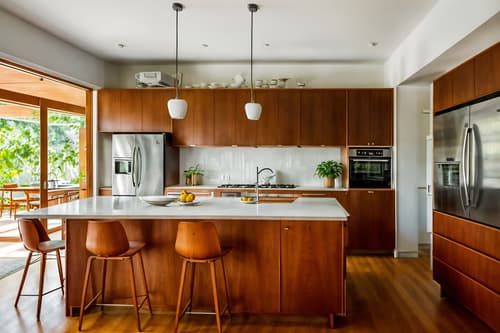 photo from pinterest of midcentury modern-style interior designed (kitchen interior) with sink and plant and stove and kitchen cabinets and worktops and refrigerator and sink. . with minimalist and graphic shapes and integrating indoor and outdoor motifs and clean lines and nature indoors and natural and manmade materials and organic and geometric shapes and wood pendant light mid century modern chandelier. . cinematic photo, highly detailed, cinematic lighting, ultra-detailed, ultrarealistic, photorealism, 8k. trending on pinterest. midcentury modern interior design style. masterpiece, cinematic light, ultrarealistic+, photorealistic+, 8k, raw photo, realistic, sharp focus on eyes, (symmetrical eyes), (intact eyes), hyperrealistic, highest quality, best quality, , highly detailed, masterpiece, best quality, extremely detailed 8k wallpaper, masterpiece, best quality, ultra-detailed, best shadow, detailed background, detailed face, detailed eyes, high contrast, best illumination, detailed face, dulux, caustic, dynamic angle, detailed glow. dramatic lighting. highly detailed, insanely detailed hair, symmetrical, intricate details, professionally retouched, 8k high definition. strong bokeh. award winning photo.
