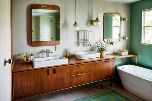 photo from pinterest of midcentury modern-style interior designed (hotel bathroom interior) with bathroom sink with faucet and bath towel and bathroom cabinet and mirror and plant and toilet seat and waste basket and bathtub. . with minimalist and function over form and nature indoors and wood pendant light mid century modern chandelier and mid century modern mobile chandelier and vibrant colors and muted tones and natural and manmade materials. . cinematic photo, highly detailed, cinematic lighting, ultra-detailed, ultrarealistic, photorealism, 8k. trending on pinterest. midcentury modern interior design style. masterpiece, cinematic light, ultrarealistic+, photorealistic+, 8k, raw photo, realistic, sharp focus on eyes, (symmetrical eyes), (intact eyes), hyperrealistic, highest quality, best quality, , highly detailed, masterpiece, best quality, extremely detailed 8k wallpaper, masterpiece, best quality, ultra-detailed, best shadow, detailed background, detailed face, detailed eyes, high contrast, best illumination, detailed face, dulux, caustic, dynamic angle, detailed glow. dramatic lighting. highly detailed, insanely detailed hair, symmetrical, intricate details, professionally retouched, 8k high definition. strong bokeh. award winning photo.