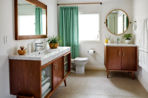 photo from pinterest of midcentury modern-style interior designed (hotel bathroom interior) with bathroom sink with faucet and bath towel and bathroom cabinet and mirror and plant and toilet seat and waste basket and bathtub. . with minimalist and function over form and nature indoors and wood pendant light mid century modern chandelier and mid century modern mobile chandelier and vibrant colors and muted tones and natural and manmade materials. . cinematic photo, highly detailed, cinematic lighting, ultra-detailed, ultrarealistic, photorealism, 8k. trending on pinterest. midcentury modern interior design style. masterpiece, cinematic light, ultrarealistic+, photorealistic+, 8k, raw photo, realistic, sharp focus on eyes, (symmetrical eyes), (intact eyes), hyperrealistic, highest quality, best quality, , highly detailed, masterpiece, best quality, extremely detailed 8k wallpaper, masterpiece, best quality, ultra-detailed, best shadow, detailed background, detailed face, detailed eyes, high contrast, best illumination, detailed face, dulux, caustic, dynamic angle, detailed glow. dramatic lighting. highly detailed, insanely detailed hair, symmetrical, intricate details, professionally retouched, 8k high definition. strong bokeh. award winning photo.