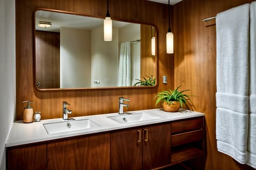 photo from pinterest of midcentury modern-style interior designed (hotel bathroom interior) with bathroom sink with faucet and bath towel and bathroom cabinet and mirror and plant and toilet seat and waste basket and bathtub. . with minimalist and function over form and nature indoors and wood pendant light mid century modern chandelier and mid century modern mobile chandelier and vibrant colors and muted tones and natural and manmade materials. . cinematic photo, highly detailed, cinematic lighting, ultra-detailed, ultrarealistic, photorealism, 8k. trending on pinterest. midcentury modern interior design style. masterpiece, cinematic light, ultrarealistic+, photorealistic+, 8k, raw photo, realistic, sharp focus on eyes, (symmetrical eyes), (intact eyes), hyperrealistic, highest quality, best quality, , highly detailed, masterpiece, best quality, extremely detailed 8k wallpaper, masterpiece, best quality, ultra-detailed, best shadow, detailed background, detailed face, detailed eyes, high contrast, best illumination, detailed face, dulux, caustic, dynamic angle, detailed glow. dramatic lighting. highly detailed, insanely detailed hair, symmetrical, intricate details, professionally retouched, 8k high definition. strong bokeh. award winning photo.