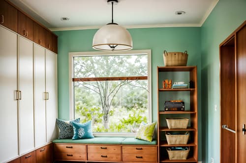 photo from pinterest of midcentury modern-style interior designed (mudroom interior) with high up storage and a bench and cubbies and cabinets and wall hooks for coats and shelves for shoes and storage baskets and storage drawers. . with function over form and minimalist and mid century modern mobile chandelier and vibrant colors and integrating indoor and outdoor motifs and nature indoors and wood pendant light mid century modern chandelier and graphic shapes. . cinematic photo, highly detailed, cinematic lighting, ultra-detailed, ultrarealistic, photorealism, 8k. trending on pinterest. midcentury modern interior design style. masterpiece, cinematic light, ultrarealistic+, photorealistic+, 8k, raw photo, realistic, sharp focus on eyes, (symmetrical eyes), (intact eyes), hyperrealistic, highest quality, best quality, , highly detailed, masterpiece, best quality, extremely detailed 8k wallpaper, masterpiece, best quality, ultra-detailed, best shadow, detailed background, detailed face, detailed eyes, high contrast, best illumination, detailed face, dulux, caustic, dynamic angle, detailed glow. dramatic lighting. highly detailed, insanely detailed hair, symmetrical, intricate details, professionally retouched, 8k high definition. strong bokeh. award winning photo.